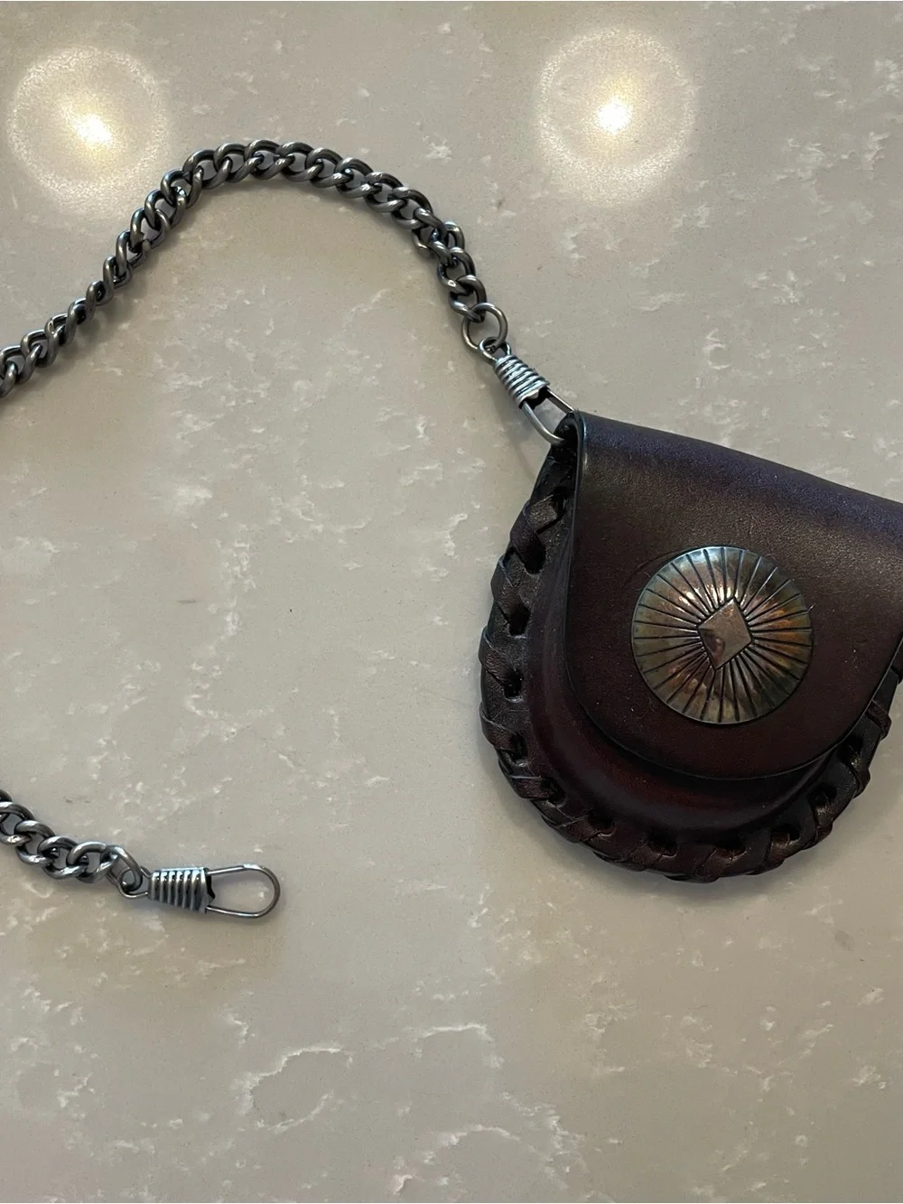 Men's Dark Brown Leather Chain Wallet Pocket Watch Pouch with 925 Silver Button
